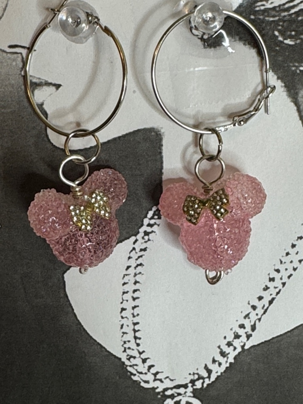 Pink Crystal Minnie-Style Hoop Earrings with Gold Bow Accents